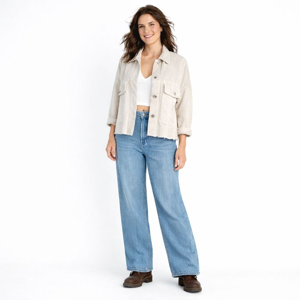 ZARA Beige S Corduroy Cropped Jacket Button Front Long Dolman Sleeves Raw Hem